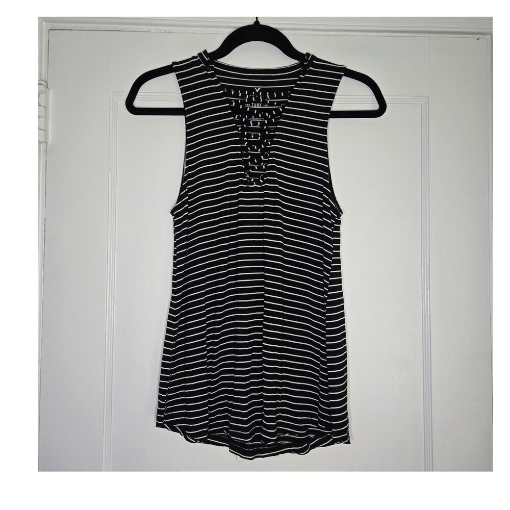 American Eagle Soft & Sexy Lace Up Tank Top Womens XS Black White Striped V Neck